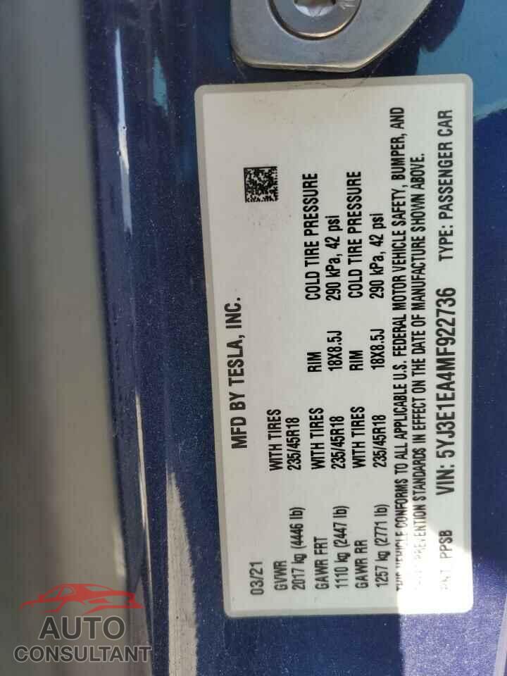 TESLA MODEL 3 2021 - 5YJ3E1EA4MF922736