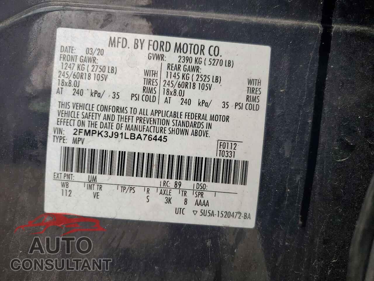 FORD EDGE 2020 - 2FMPK3J91LBA76445