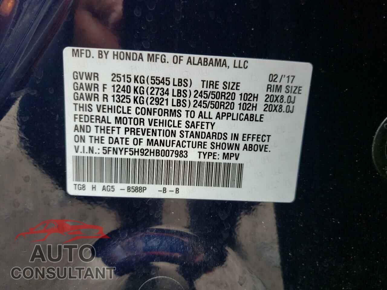 HONDA PILOT 2017 - 5FNYF5H92HB007983