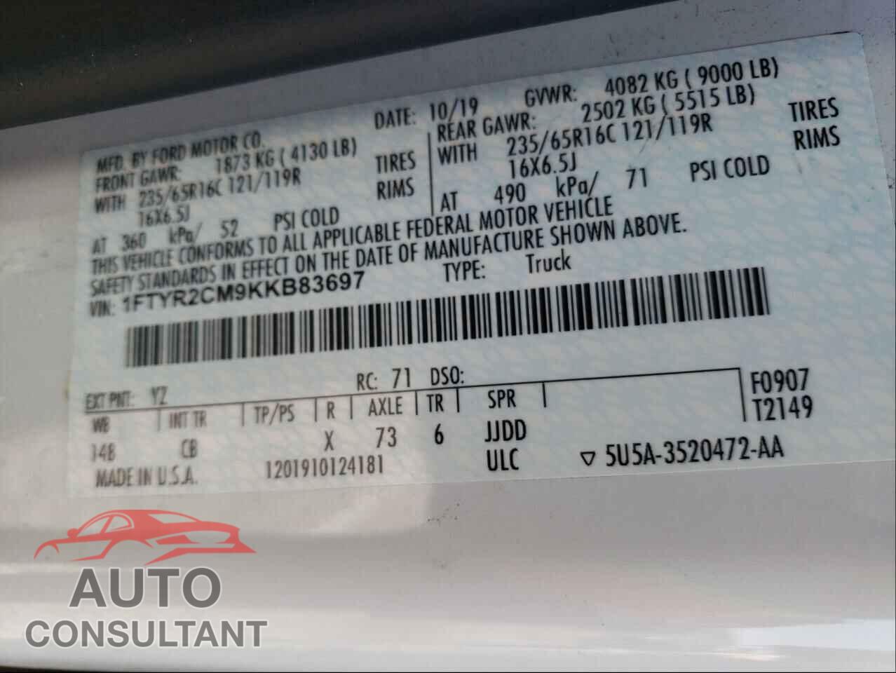 FORD TRANSIT CO 2019 - 1FTYR2CM9KKB83697