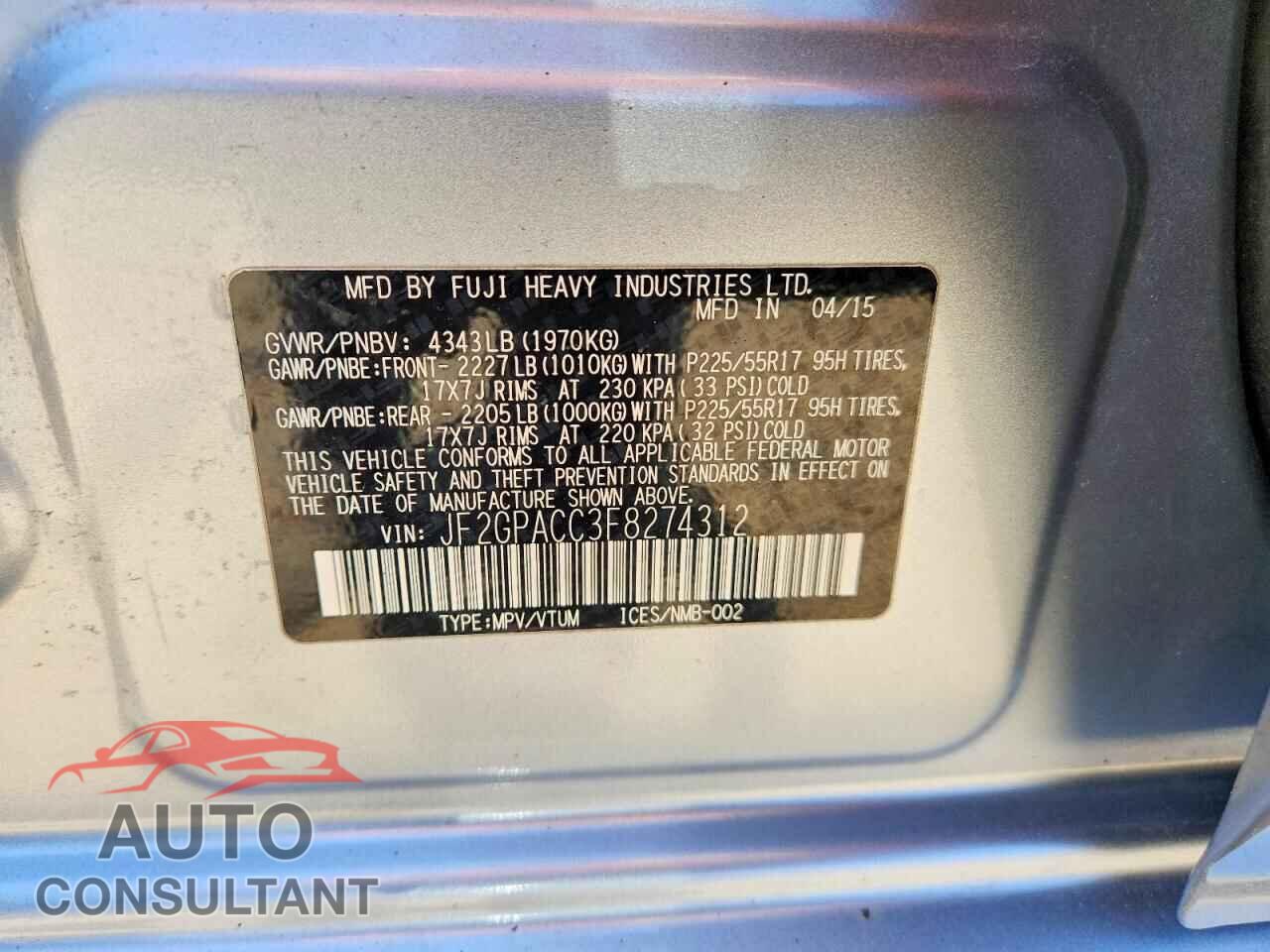 SUBARU XV 2015 - JF2GPACC3F8274312