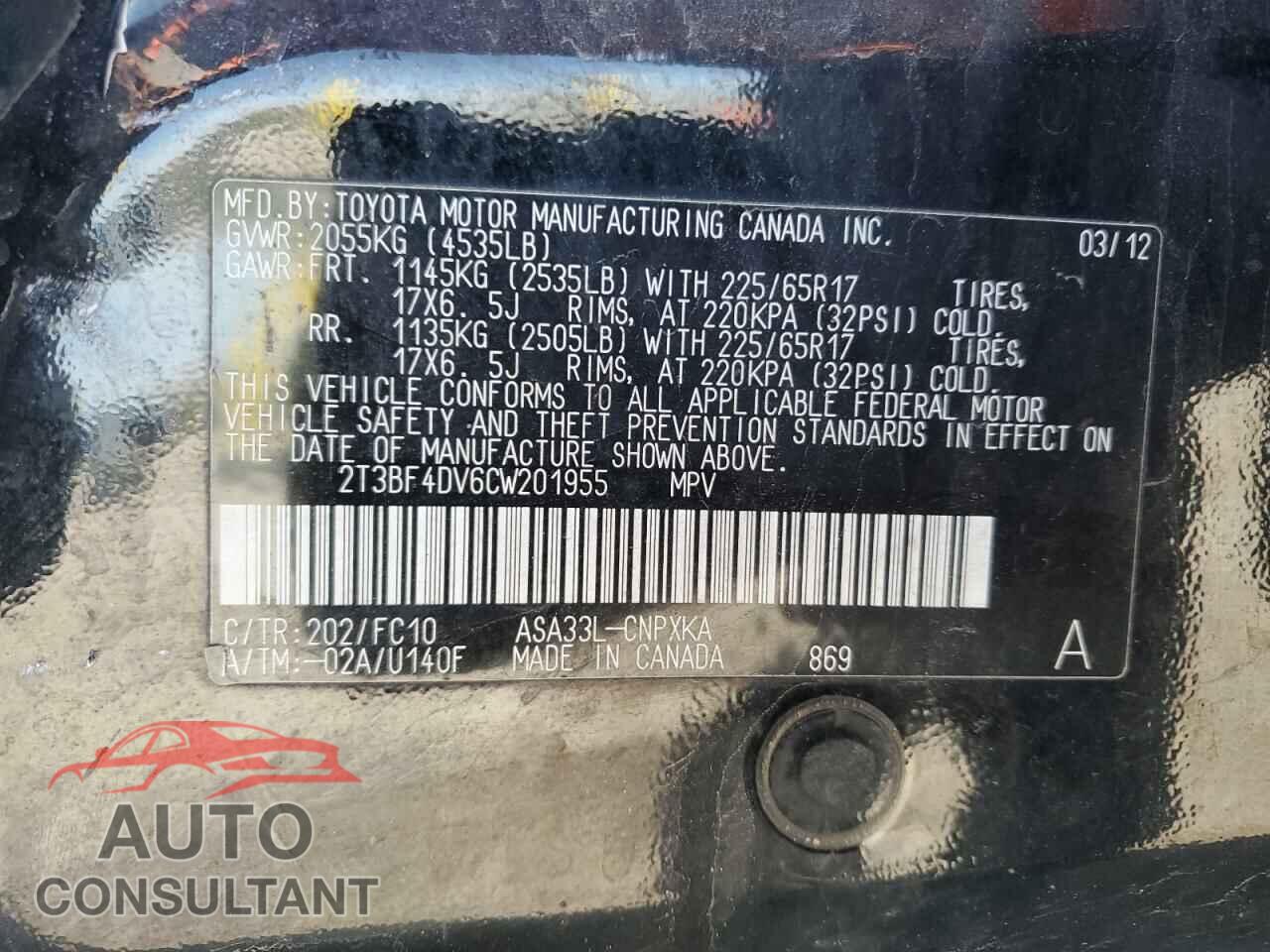 TOYOTA RAV4 2012 - 2T3BF4DV6CW201955