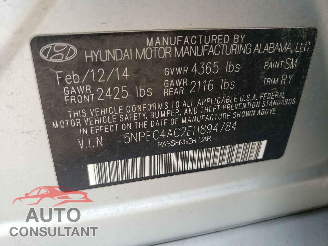 HYUNDAI SONATA 2014 - 5NPEC4AC2EH894784