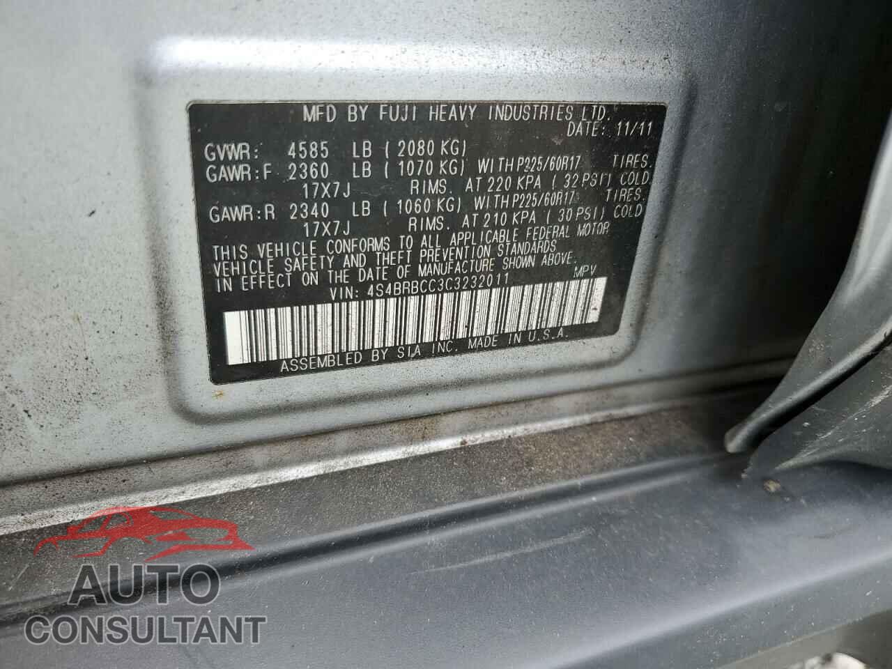 SUBARU OUTBACK 2012 - 4S4BRBCC3C3232011