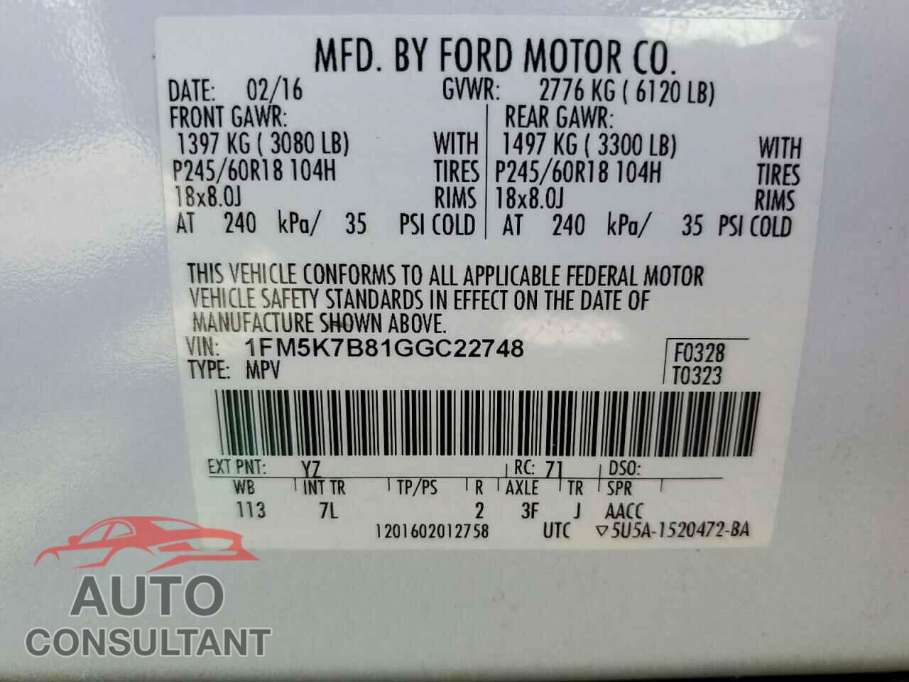 FORD EXPLORER 2016 - 1FM5K7B81GGC22748