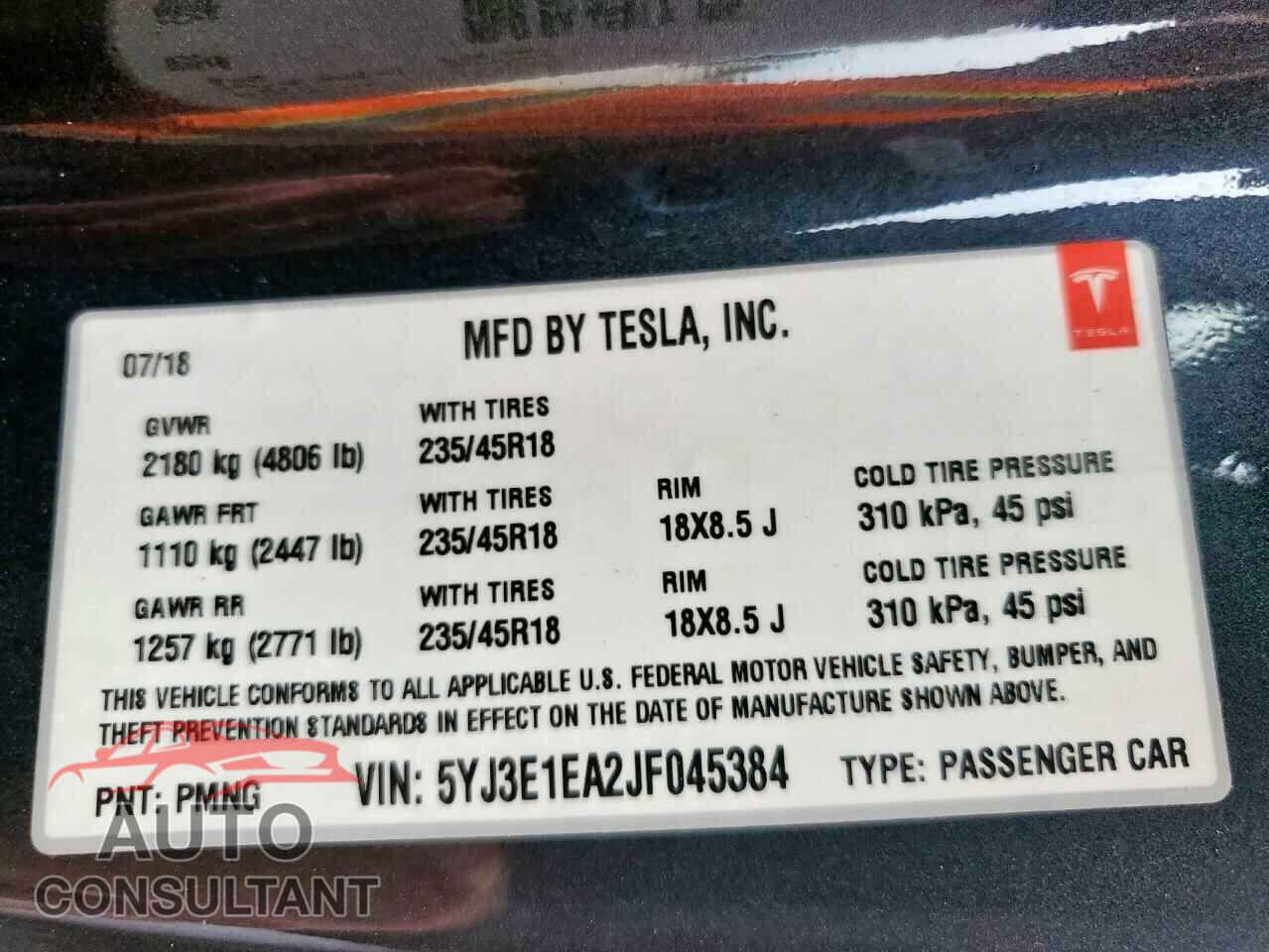 TESLA MODEL 3 2018 - 5YJ3E1EA2JF045384