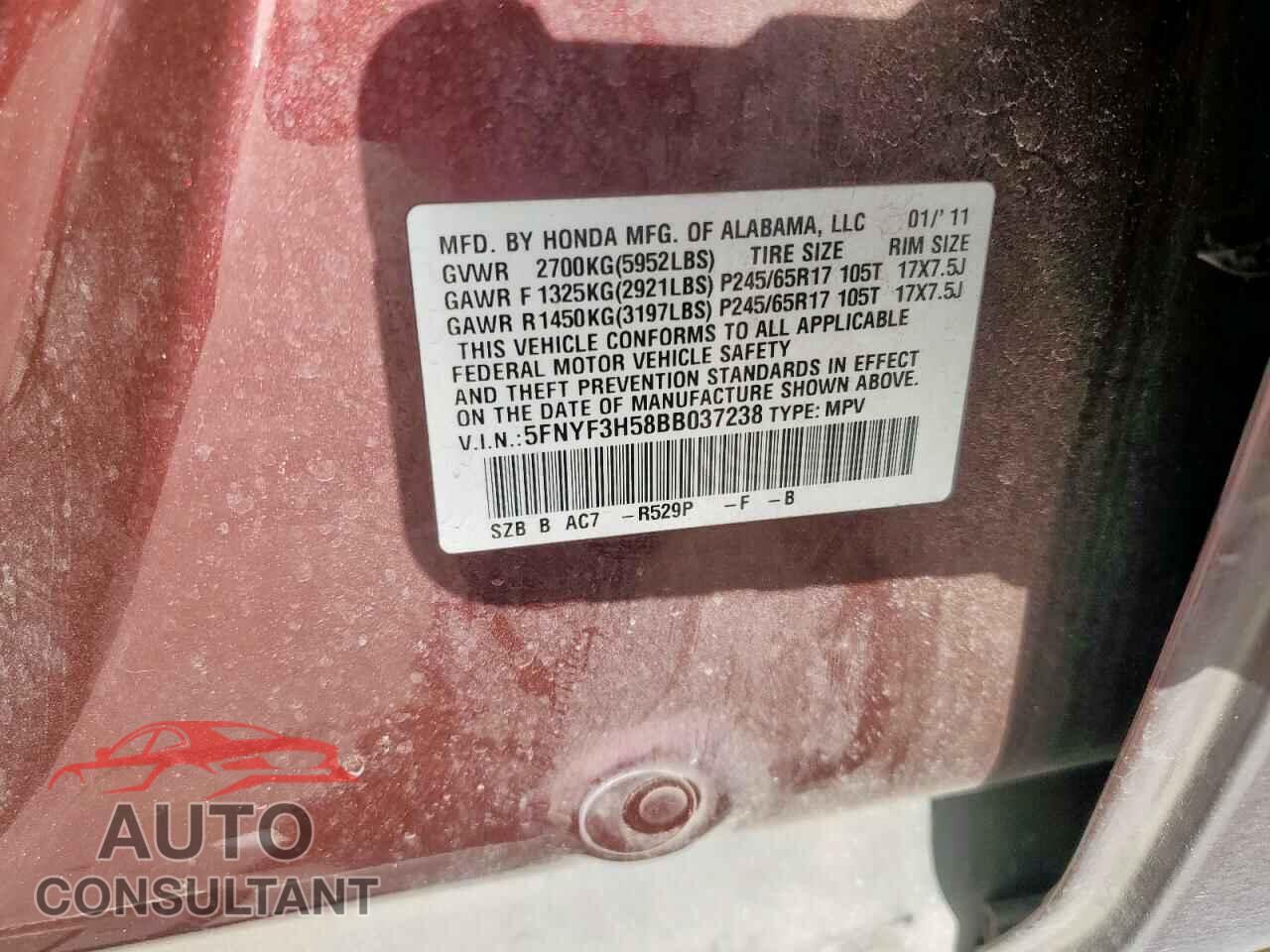 HONDA PILOT 2011 - 5FNYF3H58BB037238