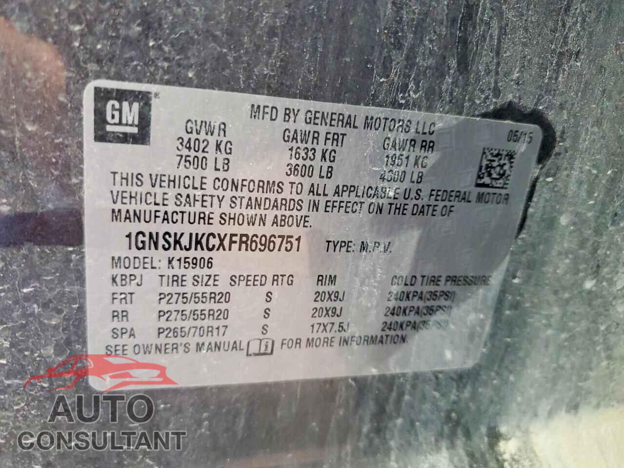 CHEVROLET SUBURBAN 2015 - 1GNSKJKCXFR696751