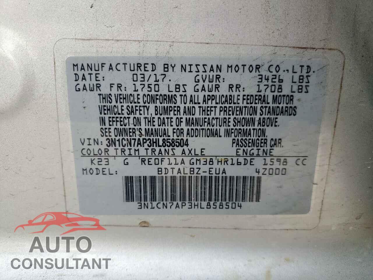 NISSAN VERSA 2017 - 3N1CN7AP3HL858504