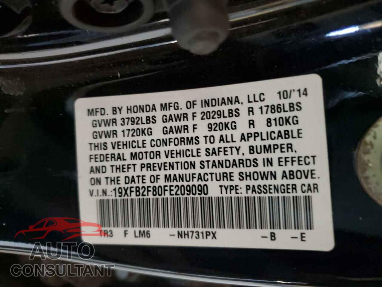 HONDA CIVIC 2015 - 19XFB2F80FE209090