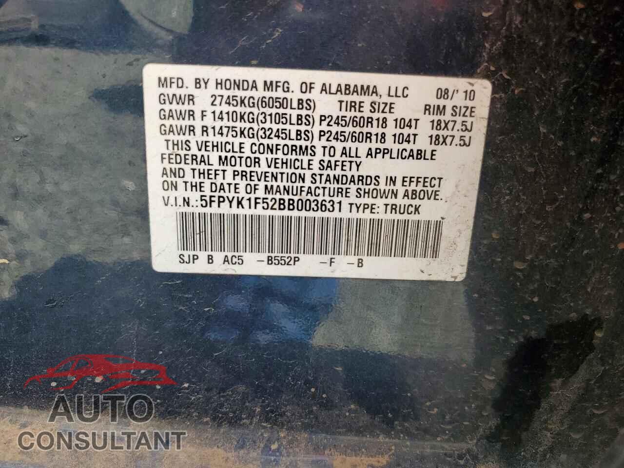 HONDA RIDGELINE 2011 - 5FPYK1F52BB003631