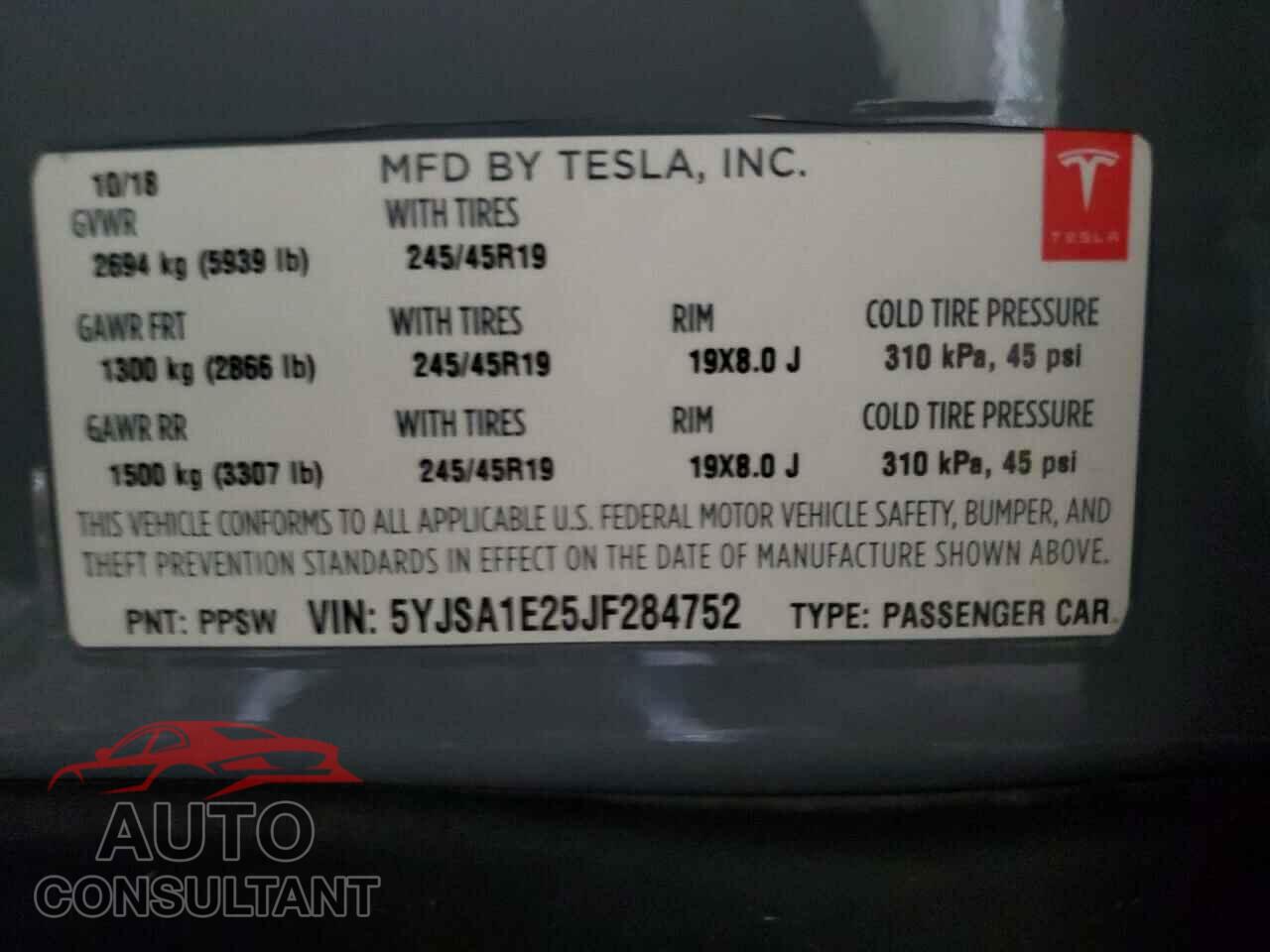 TESLA MODEL S 2018 - 5YJSA1E25JF284752
