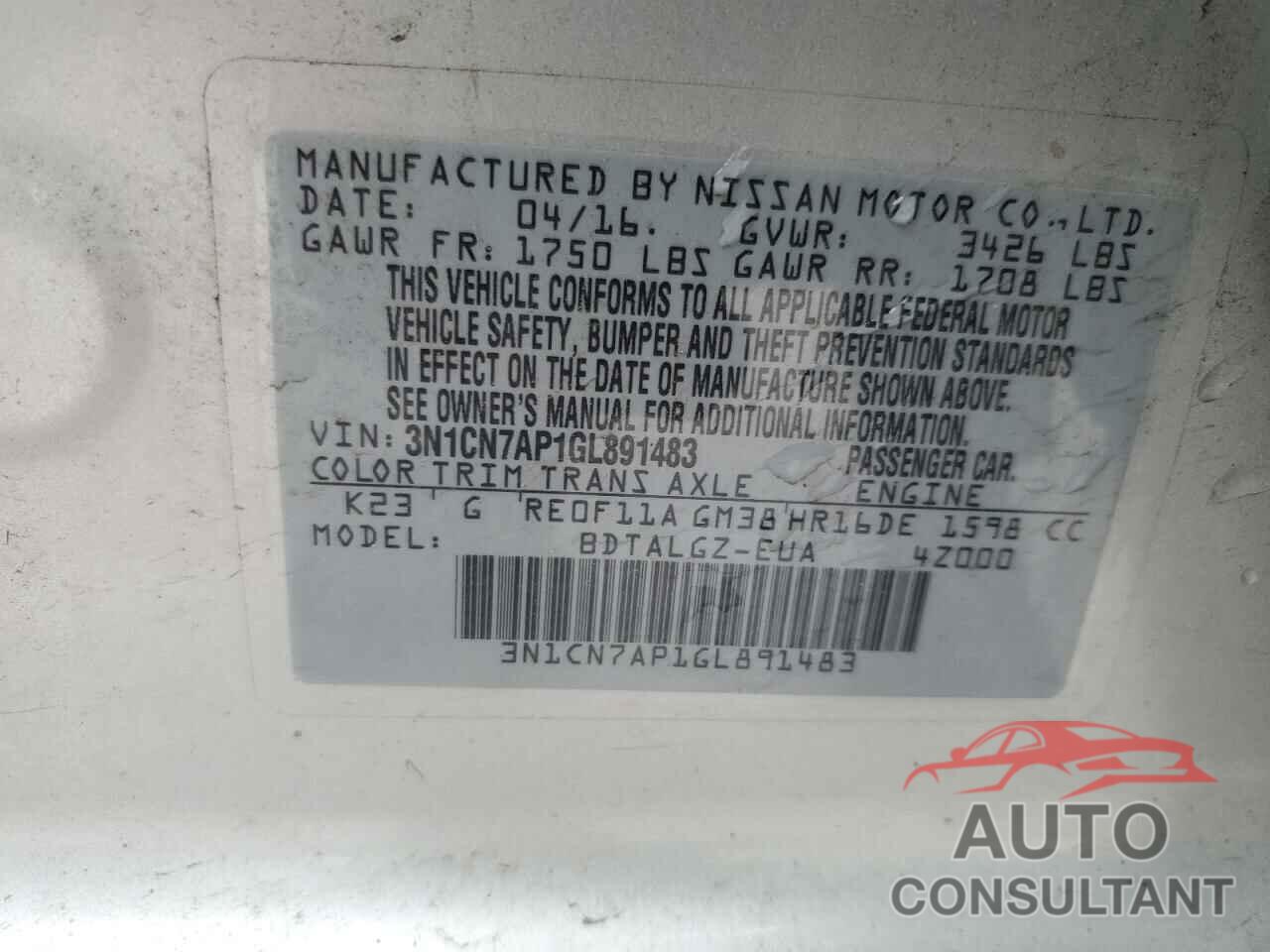 NISSAN VERSA 2016 - 3N1CN7AP1GL891483