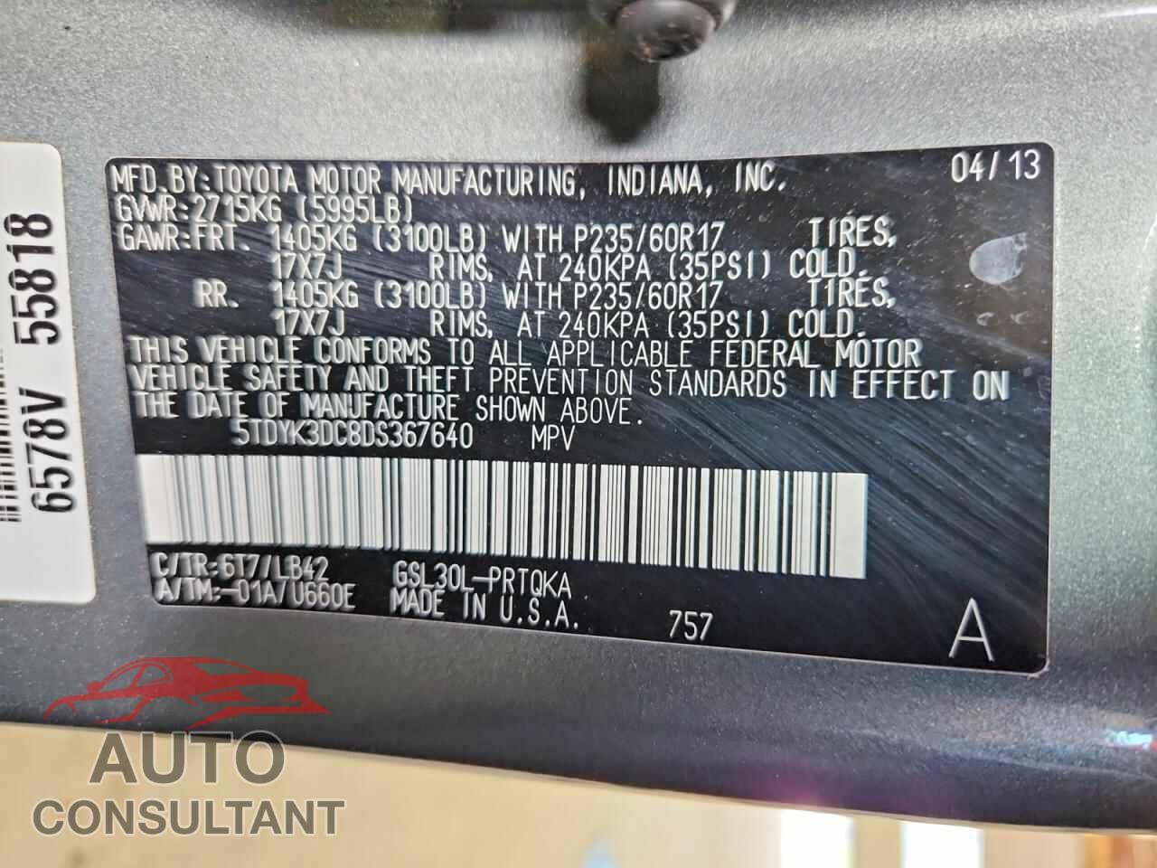 TOYOTA SIENNA 2013 - 5TDYK3DC8DS367640