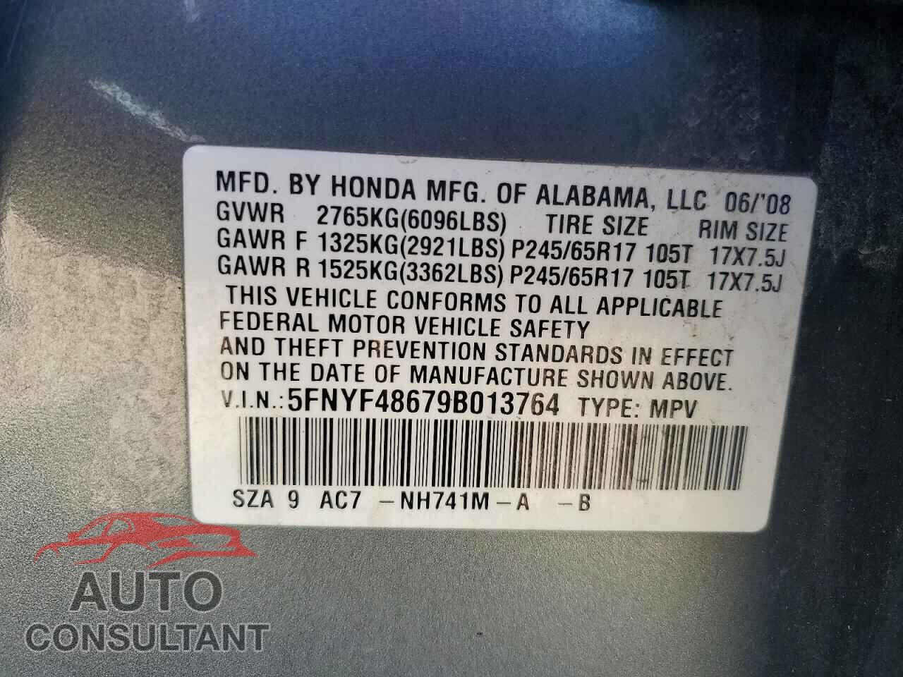 HONDA PILOT 2009 - 5FNYF48679B013764