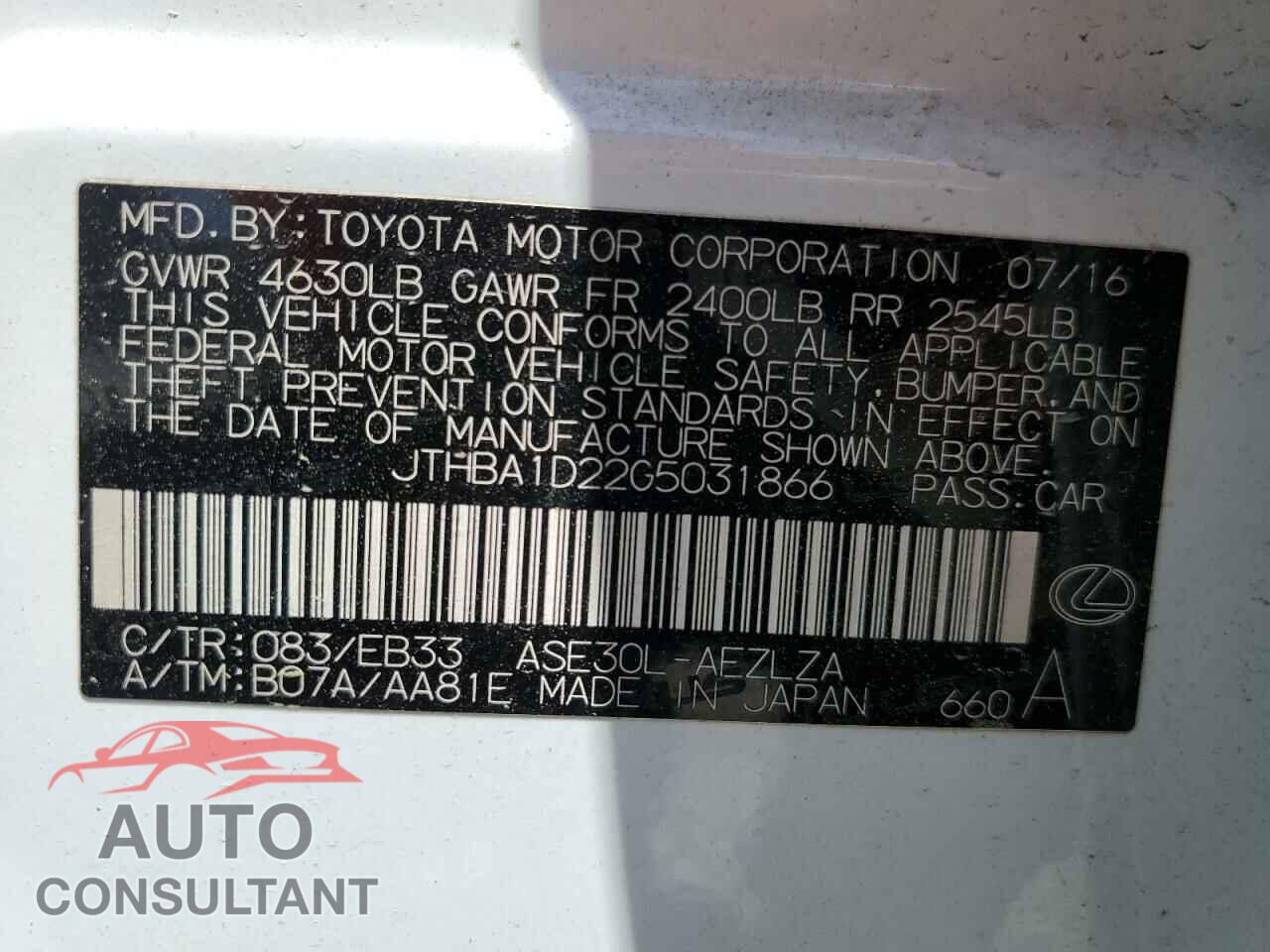 LEXUS IS 2016 - JTHBA1D22G5031866