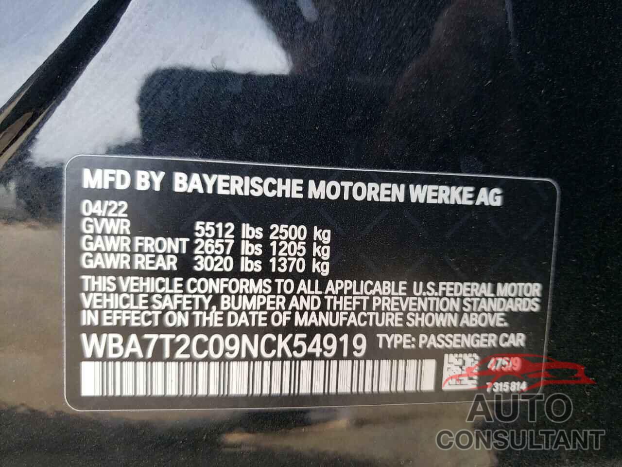 BMW 7 SERIES 2022 - WBA7T2C09NCK54919