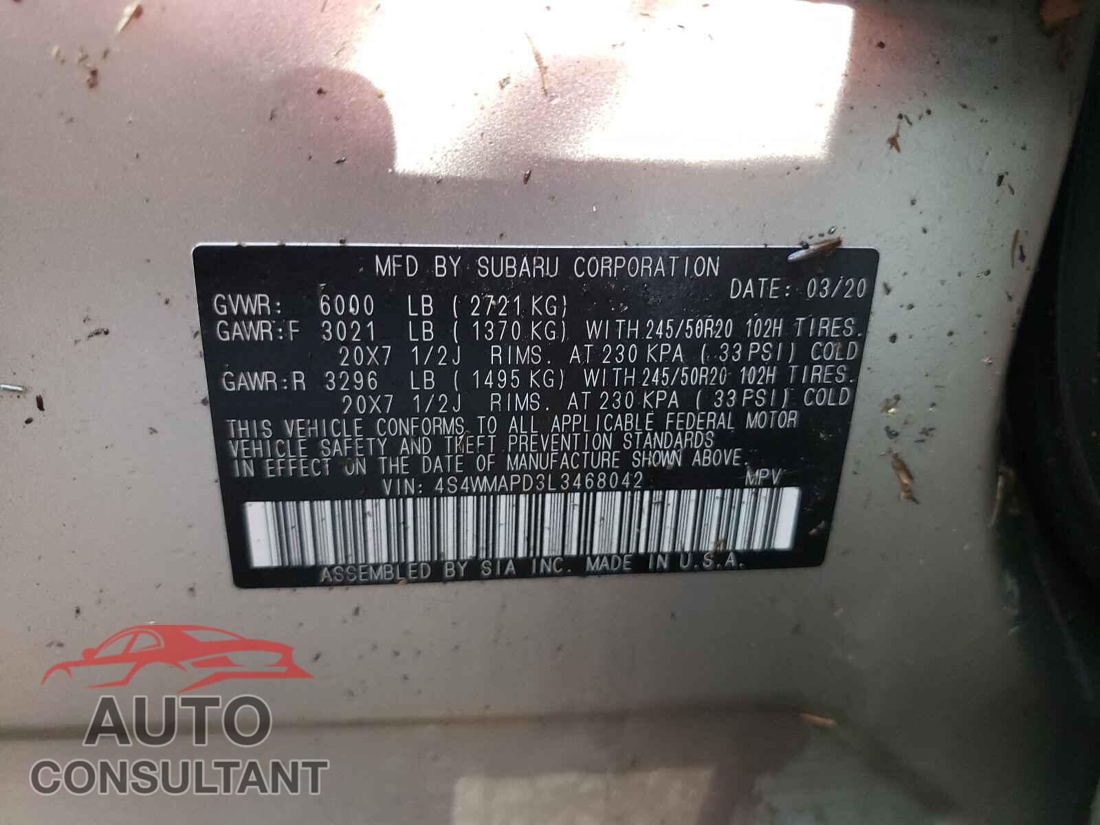 SUBARU ASCENT 2020 - 4S4WMAPD3L3468042