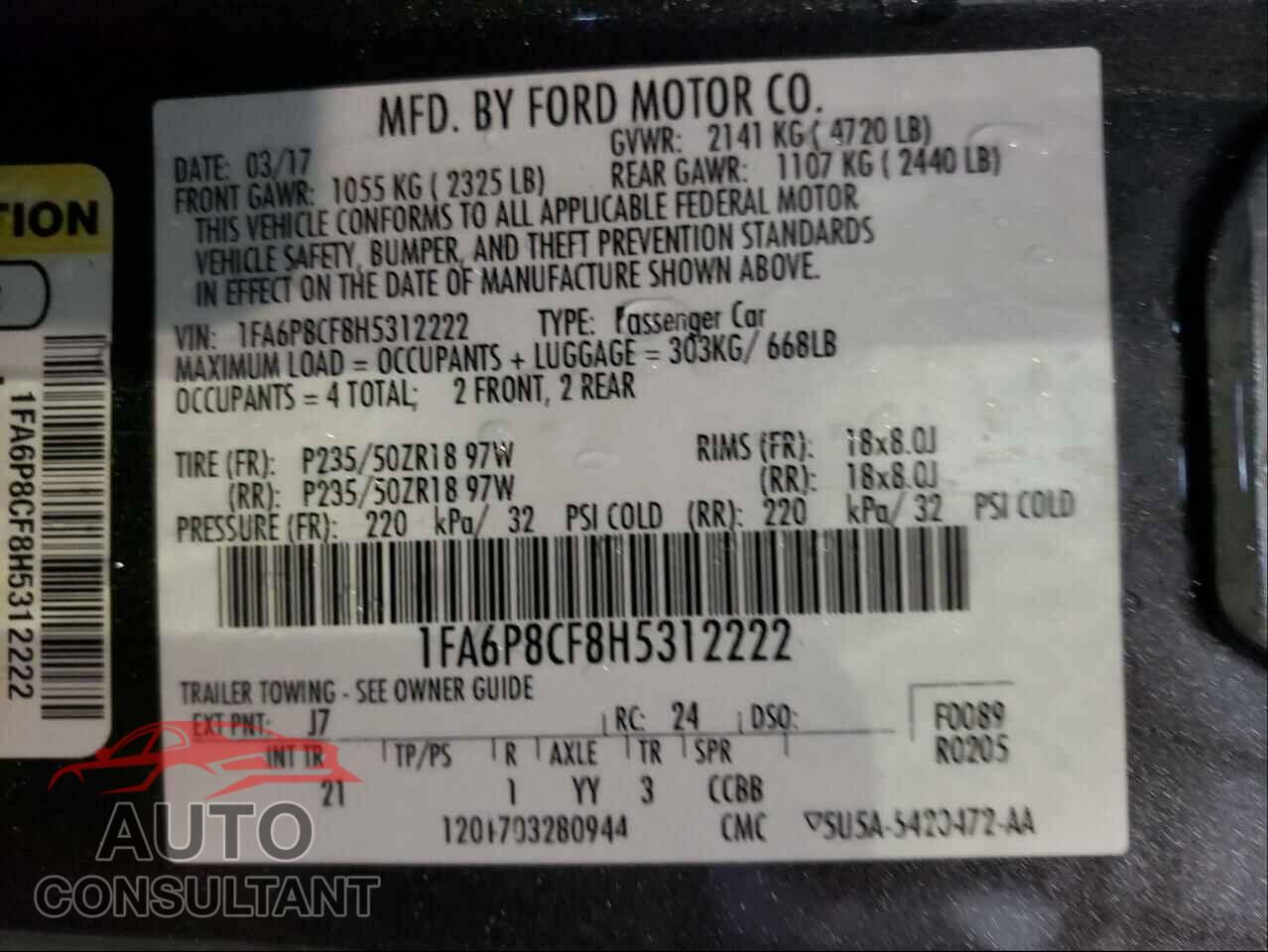 FORD MUSTANG 2017 - 1FA6P8CF8H5312222