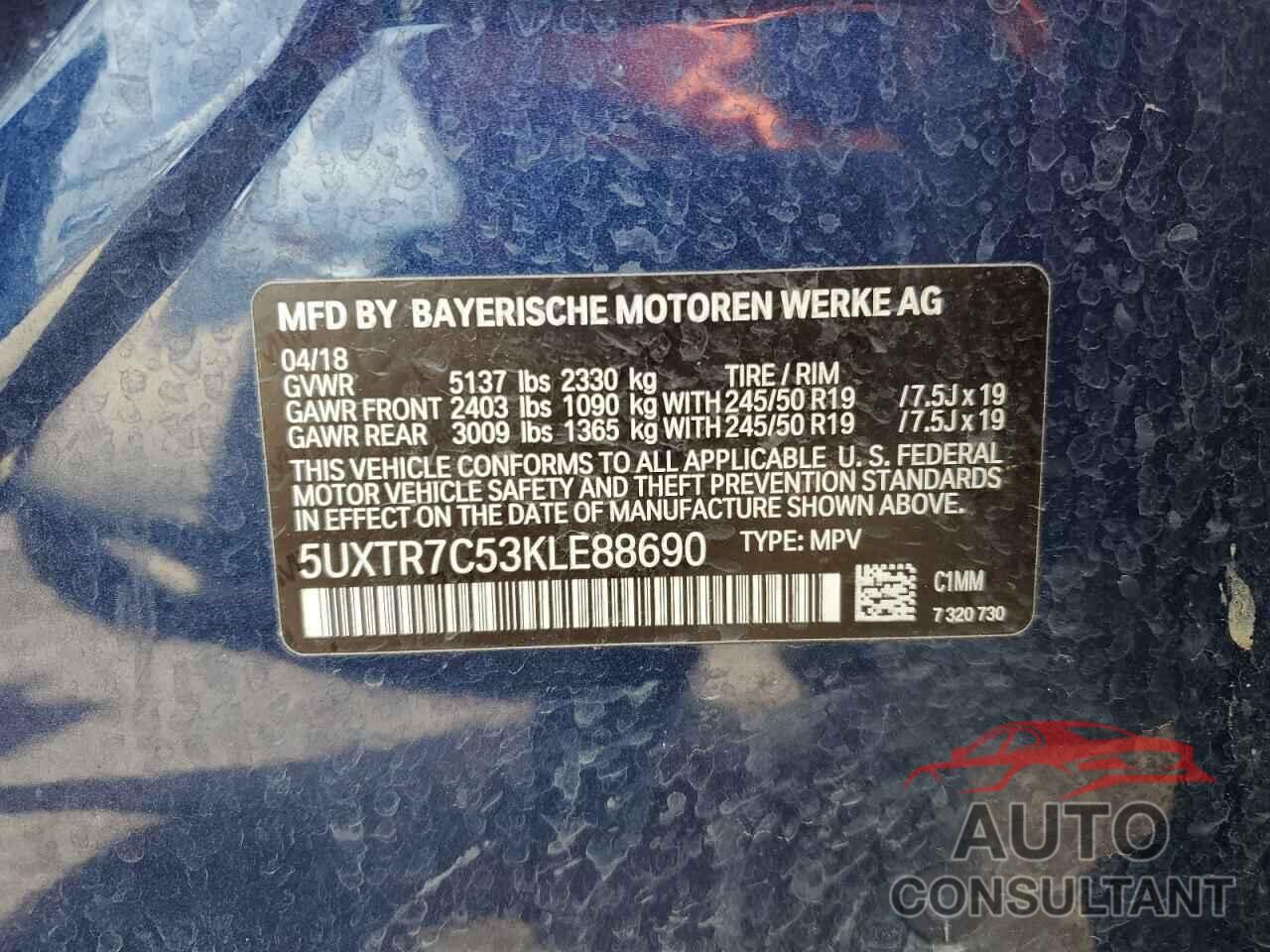 BMW X3 2019 - 5UXTR7C53KLE88690