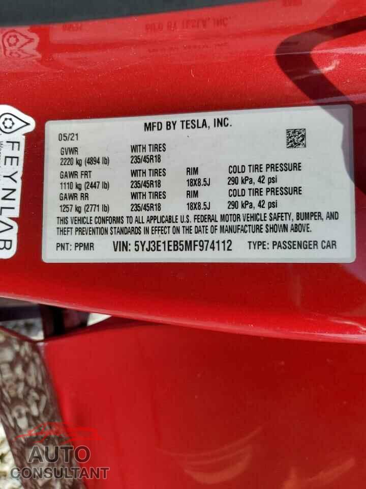TESLA MODEL 3 2021 - 5YJ3E1EB5MF974112