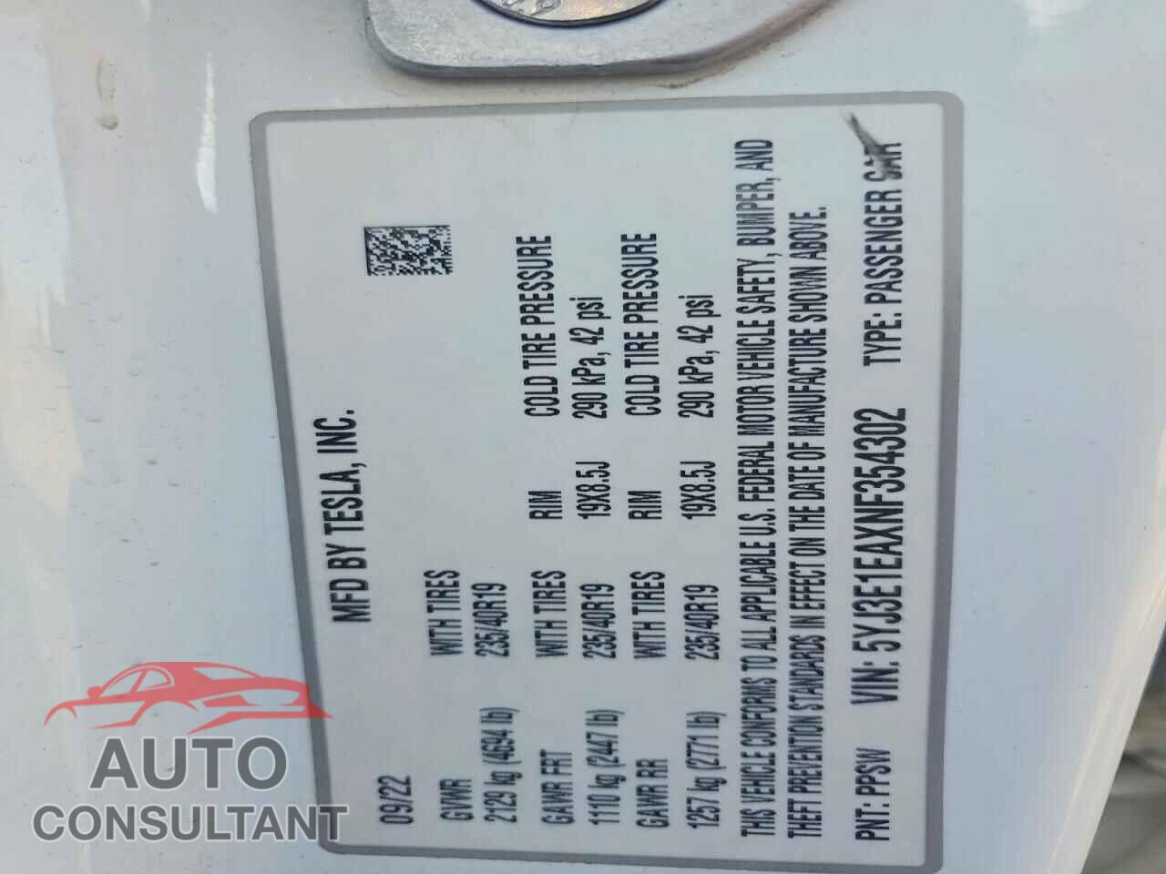 TESLA MODEL 3 2022 - 5YJ3E1EAXNF354302
