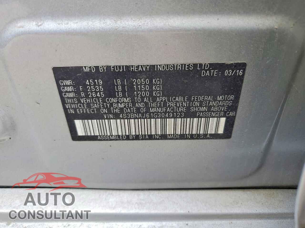 SUBARU LEGACY 2016 - 4S3BNAJ61G3049123
