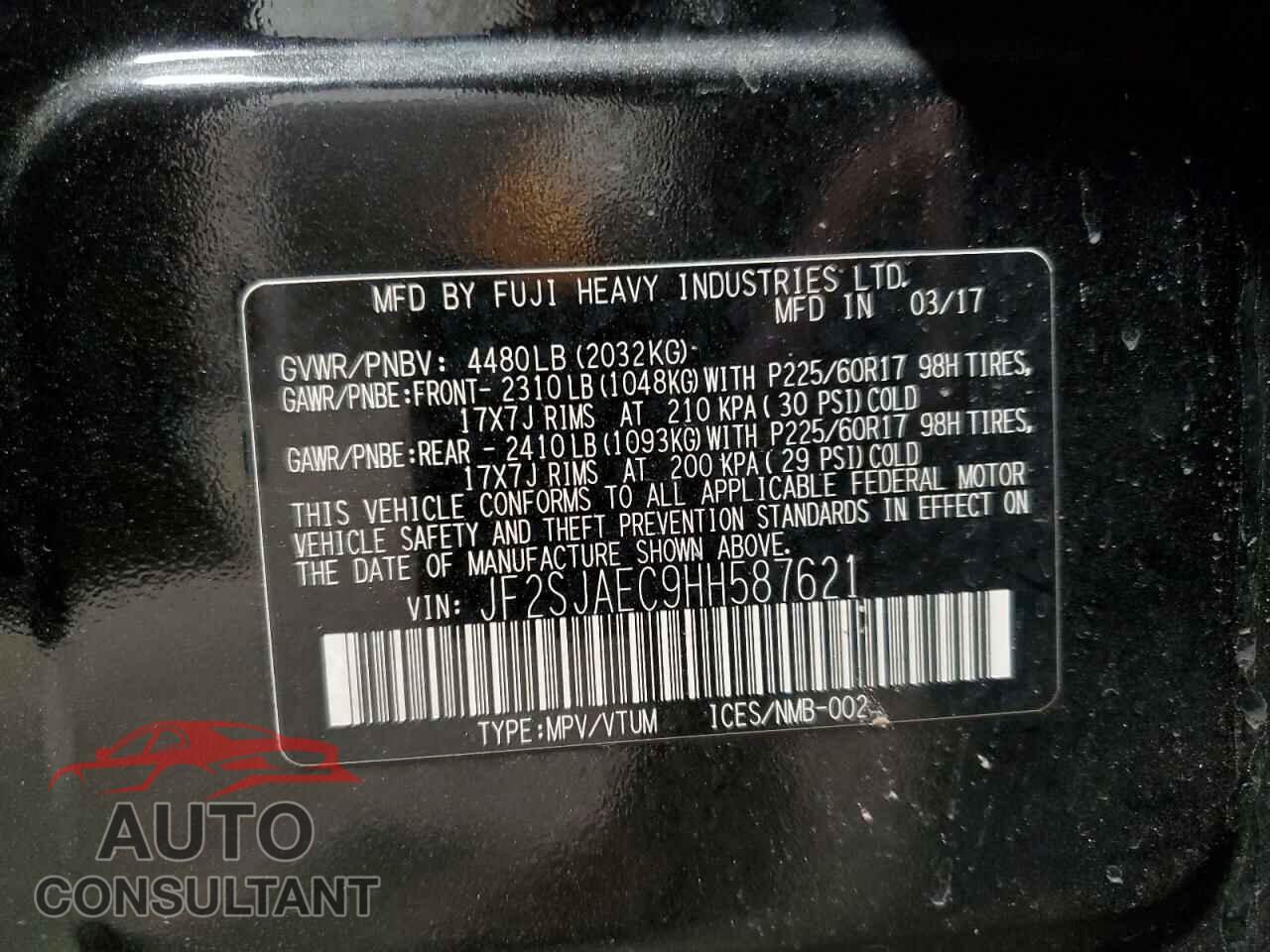 SUBARU FORESTER 2017 - JF2SJAEC9HH587621