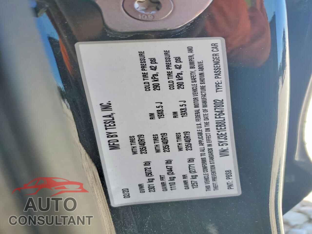 TESLA MODEL 3 2020 - 5YJ3E1EB8LF647802