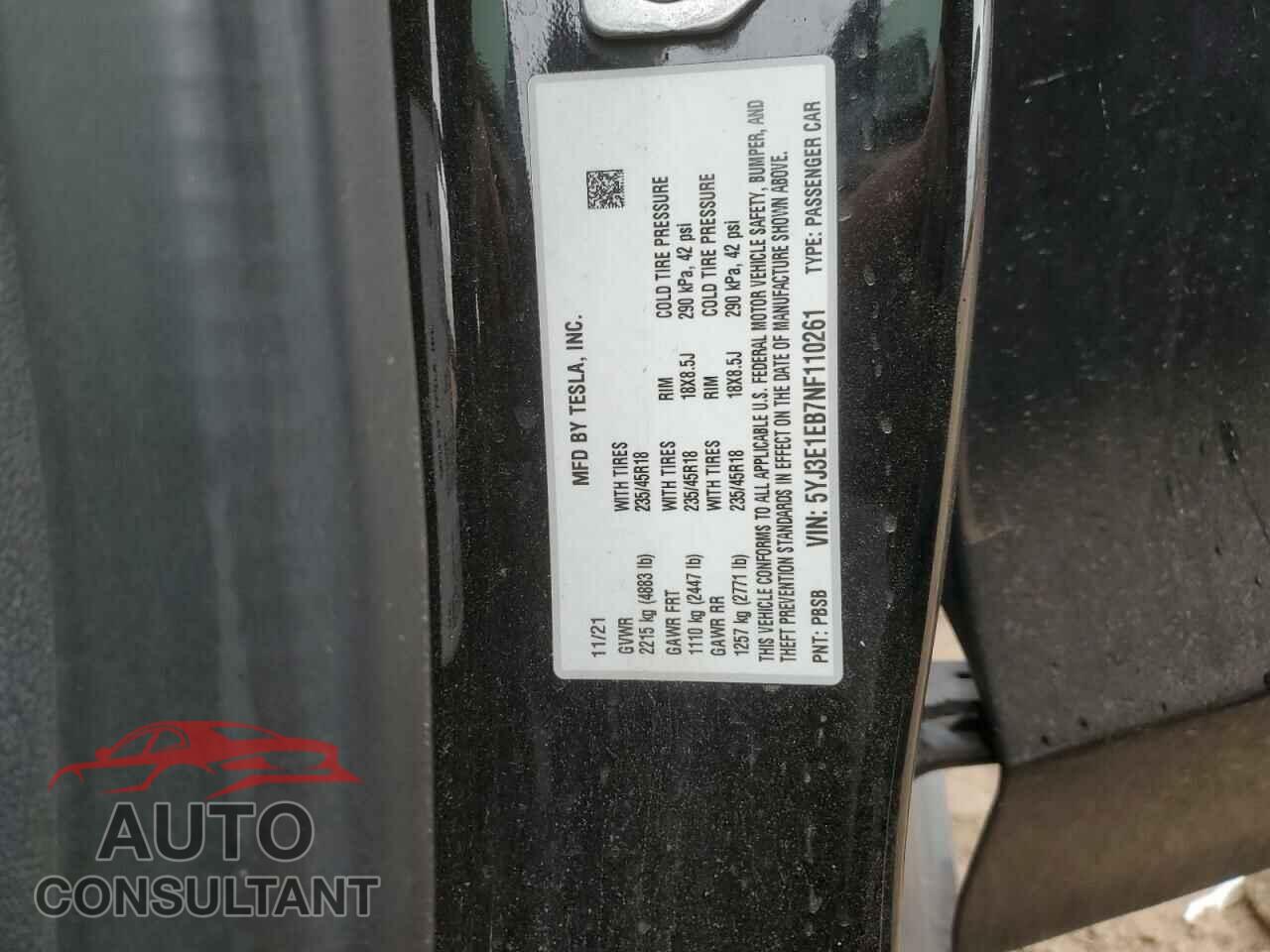 TESLA MODEL 3 2022 - 5YJ3E1EB7NF110261