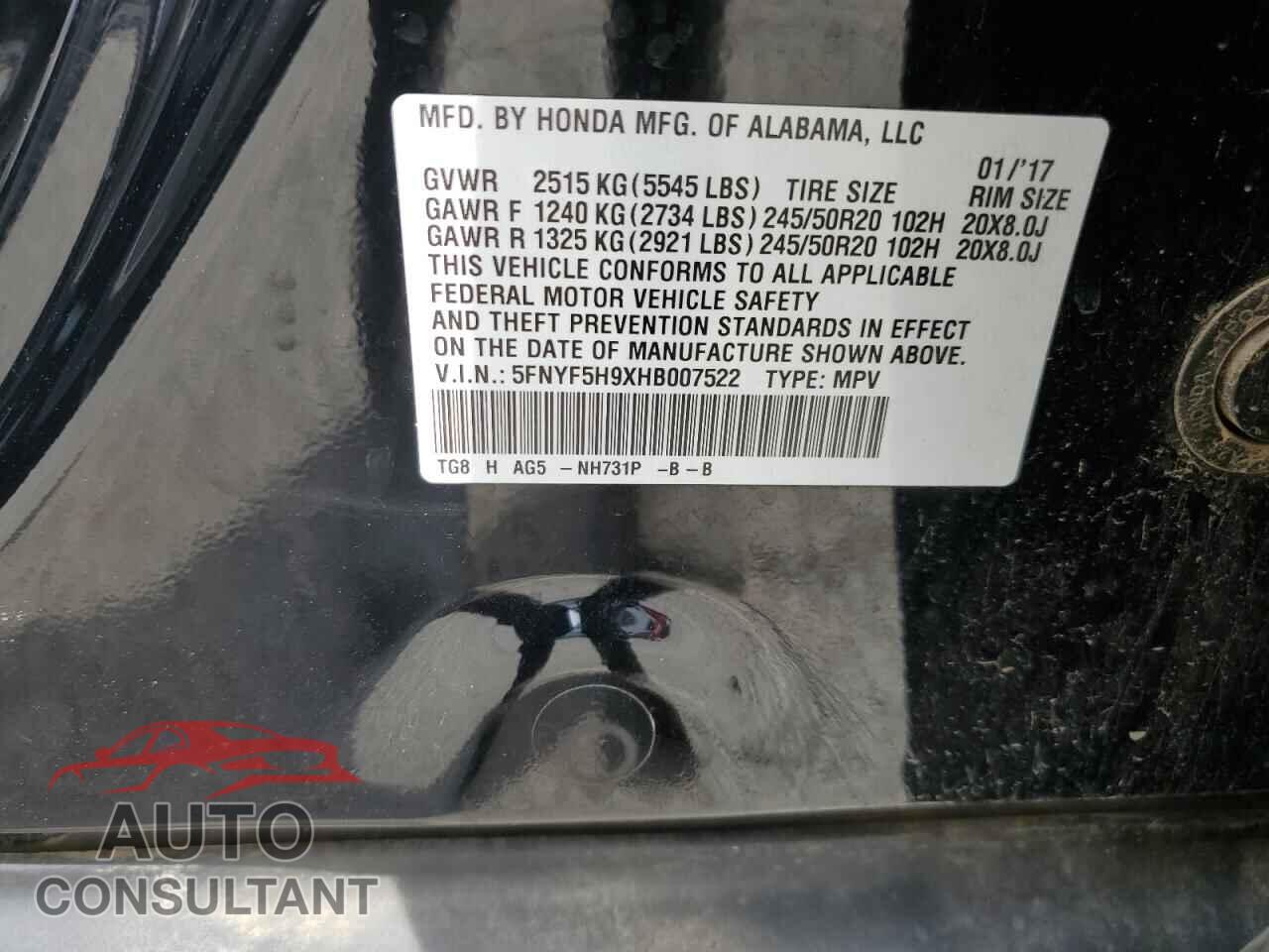 HONDA PILOT 2017 - 5FNYF5H9XHB007522