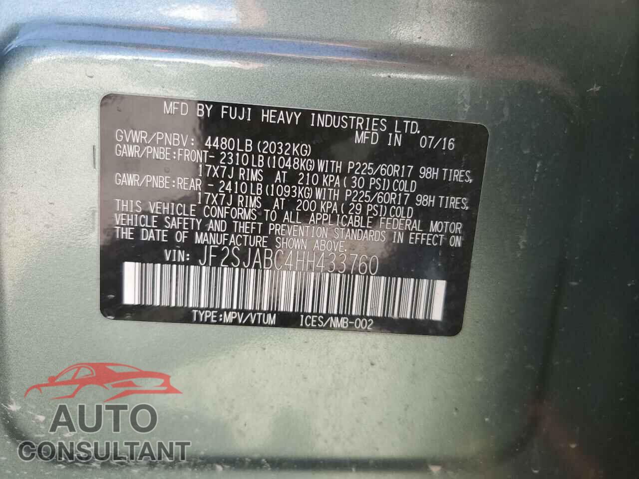 SUBARU FORESTER 2017 - JF2SJABC4HH433760