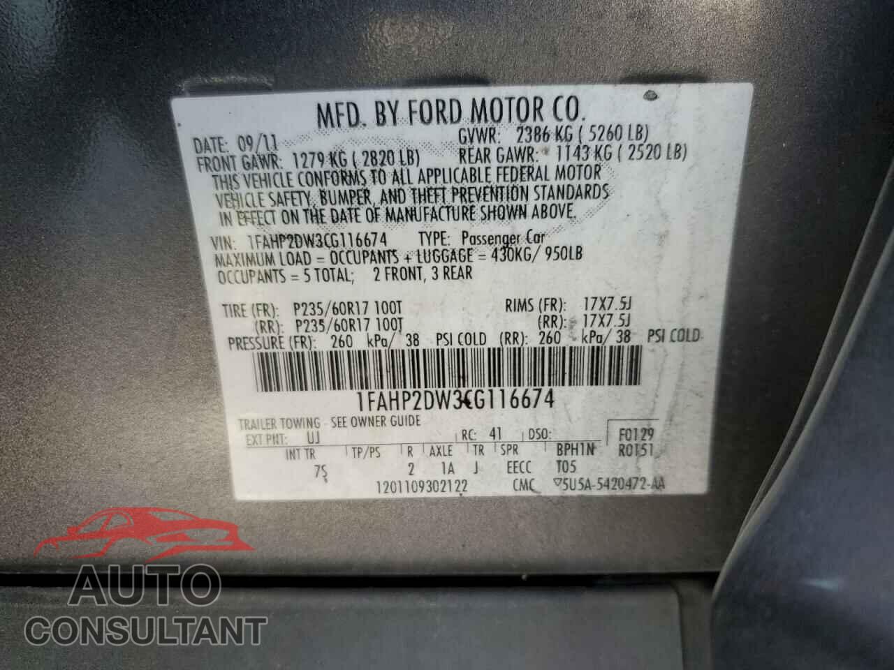 FORD TAURUS 2012 - 1FAHP2DW3CG116674