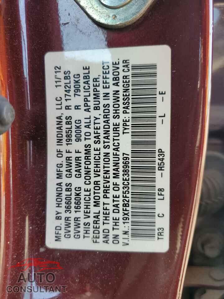 HONDA CIVIC 2012 - 19XFB2F53CE389697