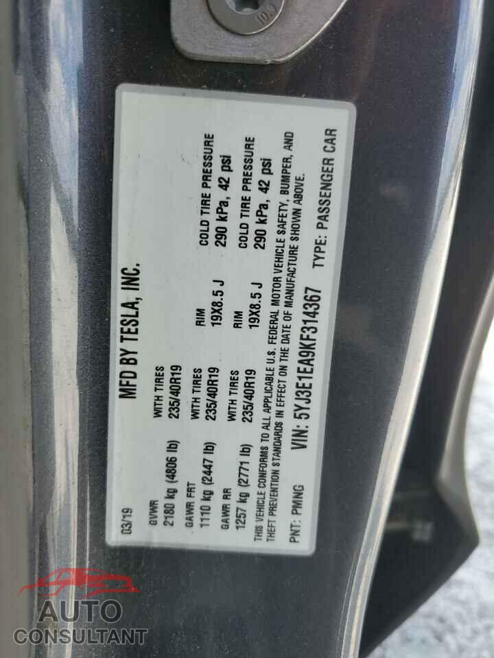 TESLA MODEL 3 2019 - 5YJ3E1EA9KF314367