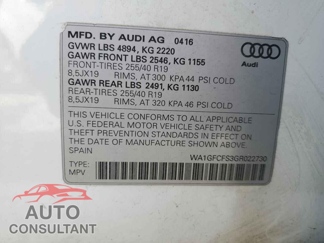 AUDI Q3 2016 - WA1GFCFS3GR022730
