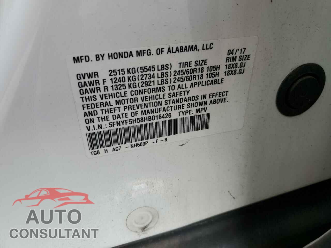 HONDA PILOT 2017 - 5FNYF5H58HB016426