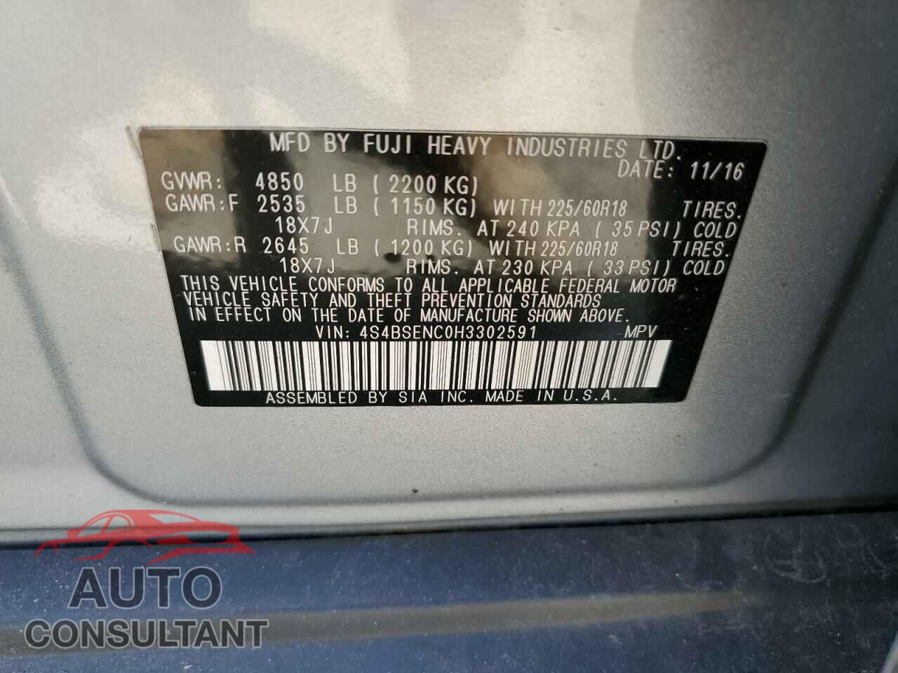 SUBARU OUTBACK 2017 - 4S4BSENC0H3302591