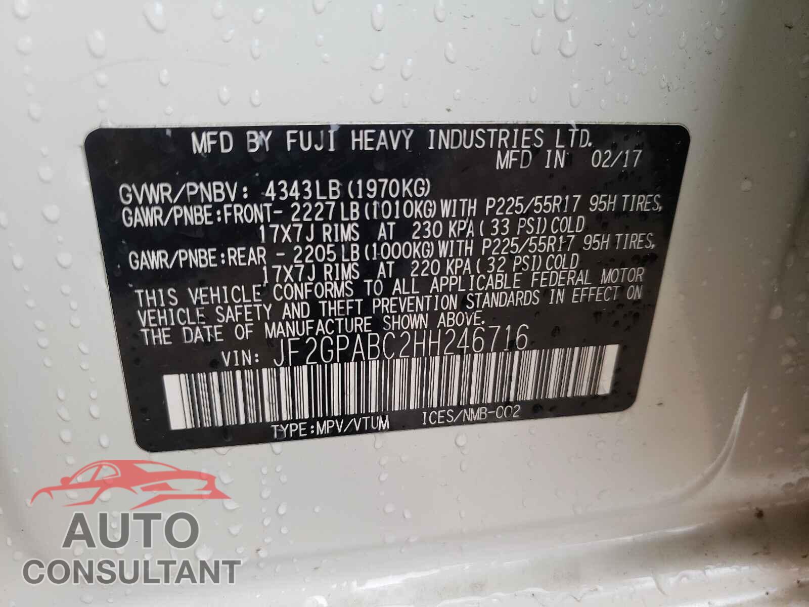 SUBARU CROSSTREK 2017 - JF2GPABC2HH246716
