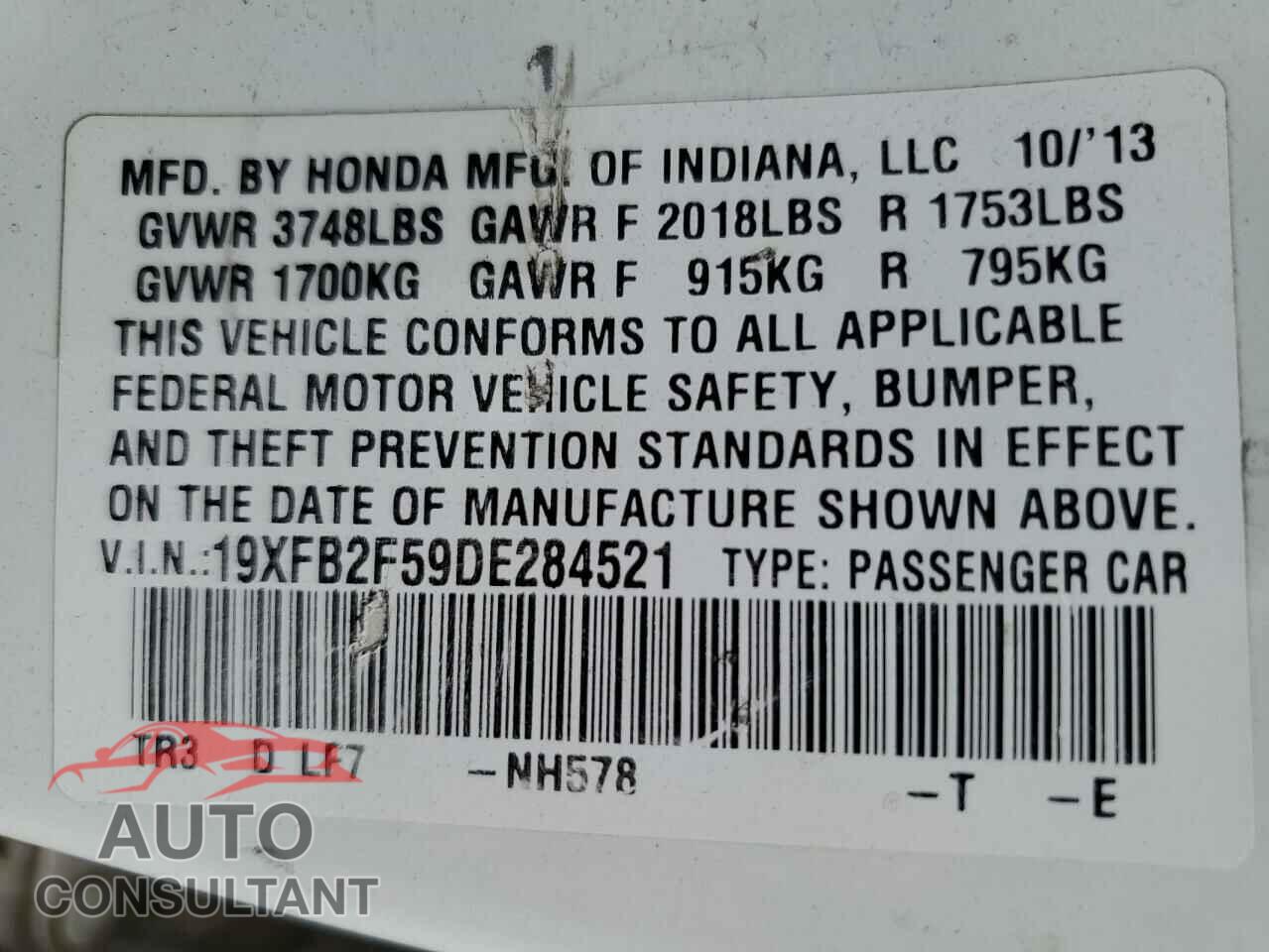 HONDA CIVIC 2013 - 19XFB2F59DE284521