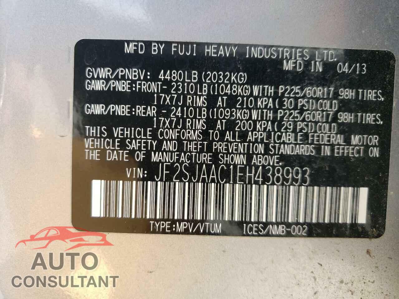 SUBARU FORESTER 2014 - JF2SJAAC1EH438993