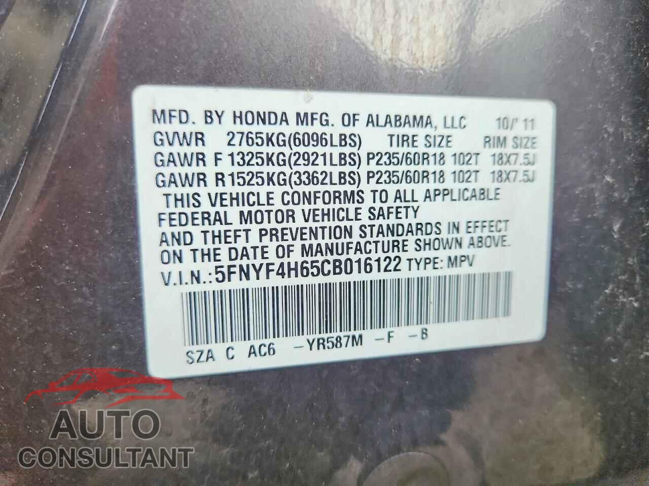 HONDA PILOT 2012 - 5FNYF4H65CB016122