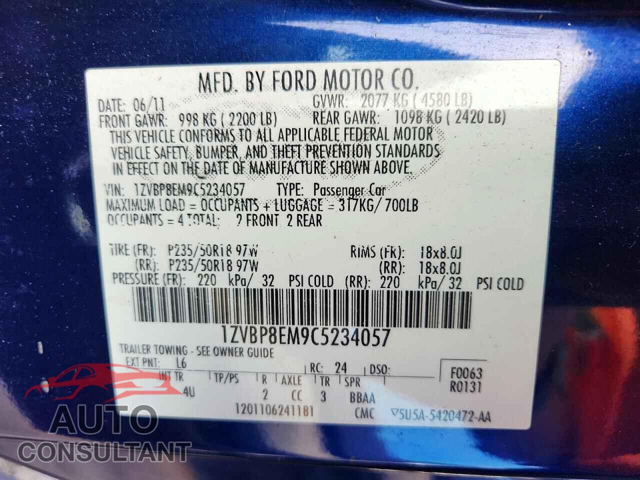 FORD MUSTANG 2012 - 1ZVBP8EM9C5234057