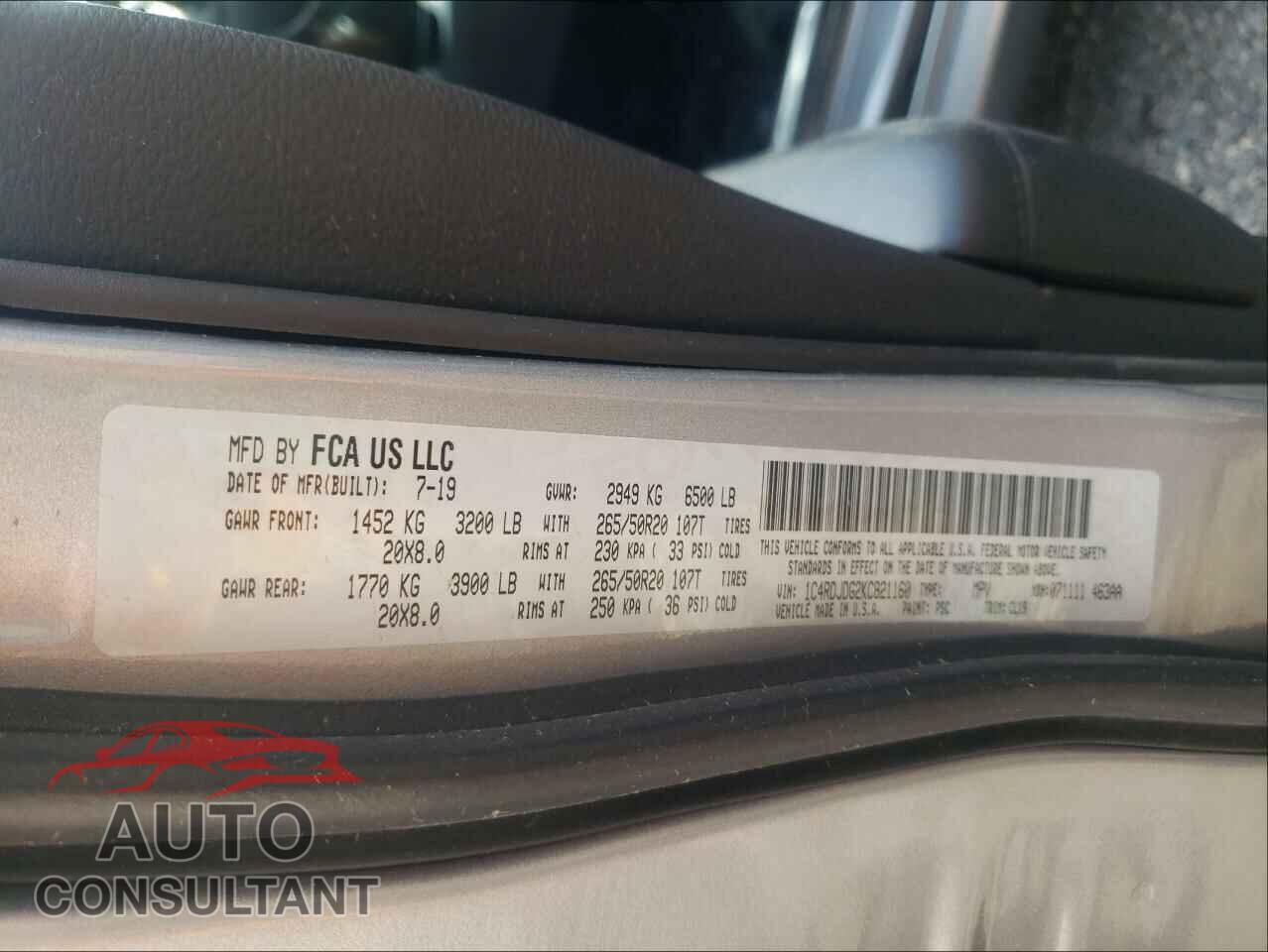 DODGE DURANGO 2019 - 1C4RDJDG2KC821160