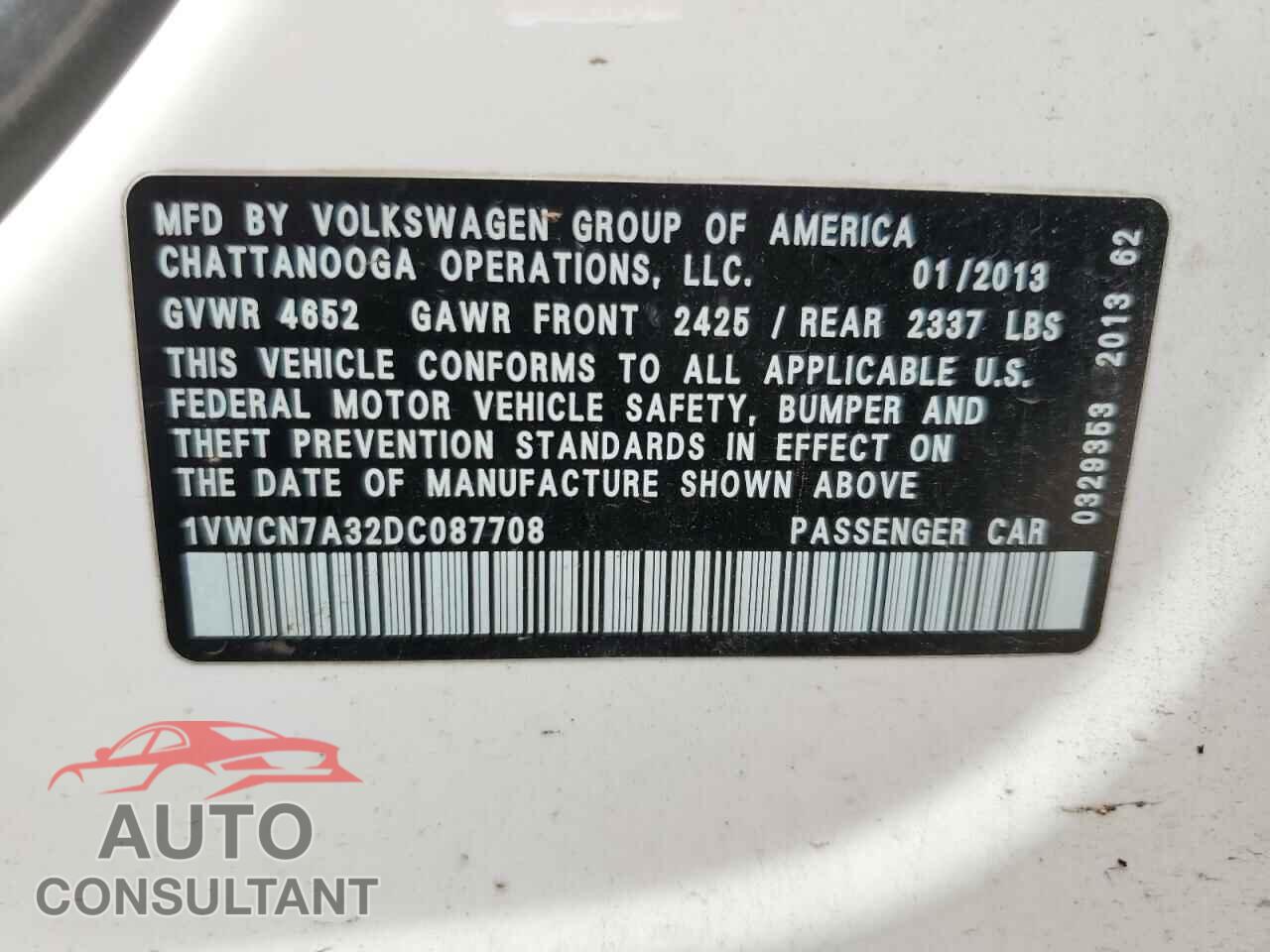 VOLKSWAGEN PASSAT 2013 - 1VWCN7A32DC087708