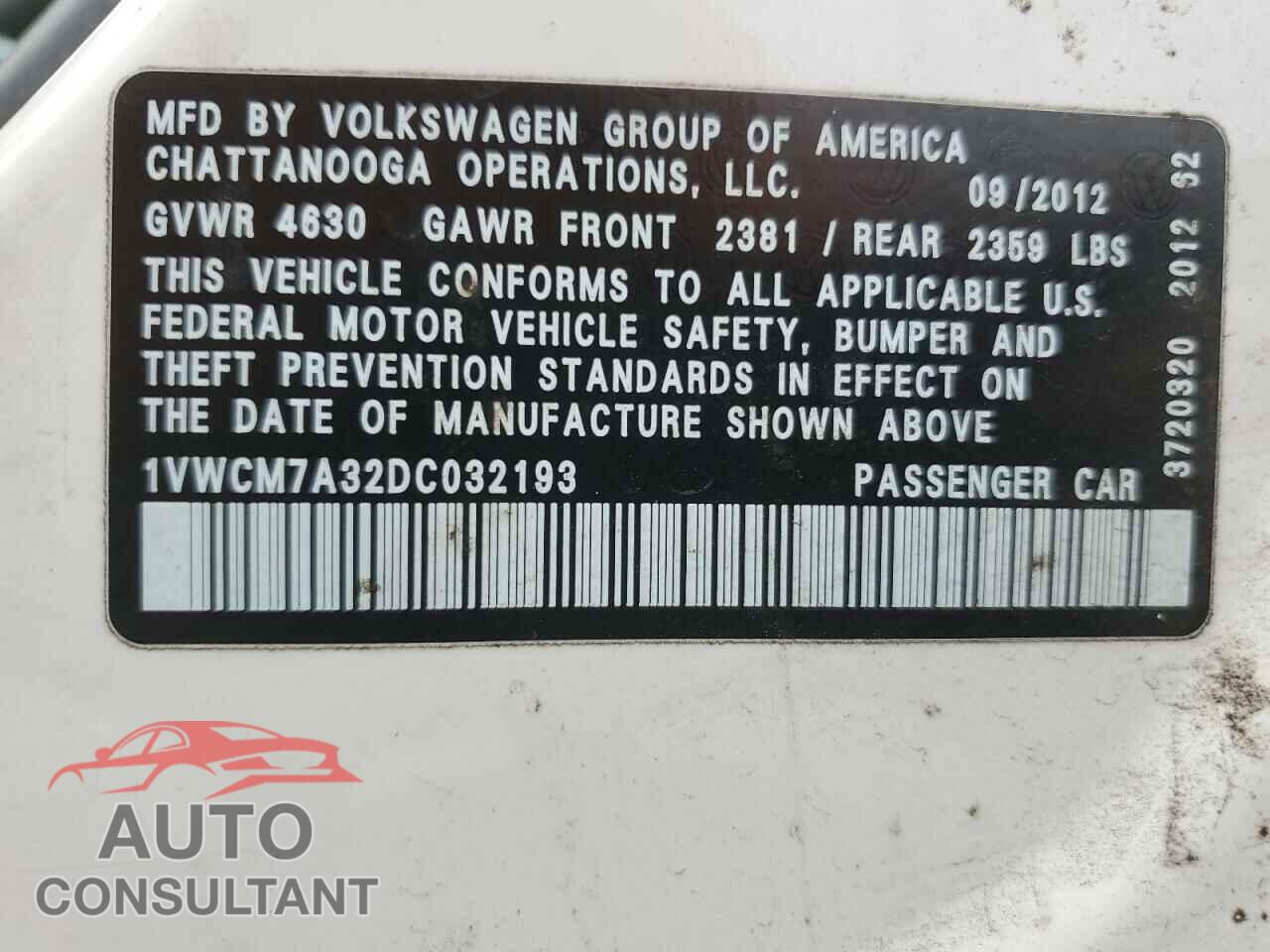 VOLKSWAGEN PASSAT 2013 - 1VWCM7A32DC032193