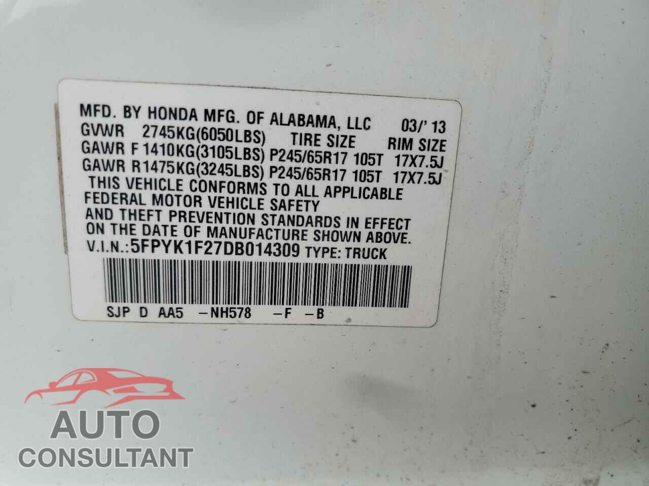 HONDA RIDGELINE 2013 - 5FPYK1F27DB014309