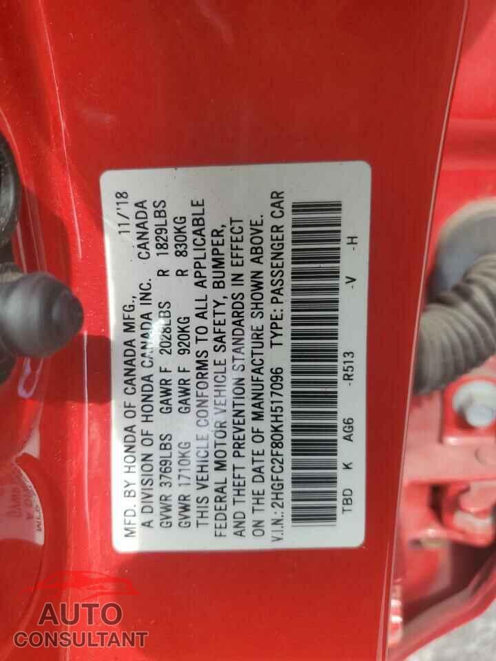 HONDA CIVIC 2019 - 2HGFC2F80KH517096