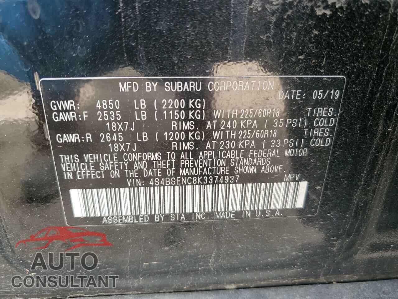SUBARU OUTBACK 2019 - 4S4BSENC8K3374937