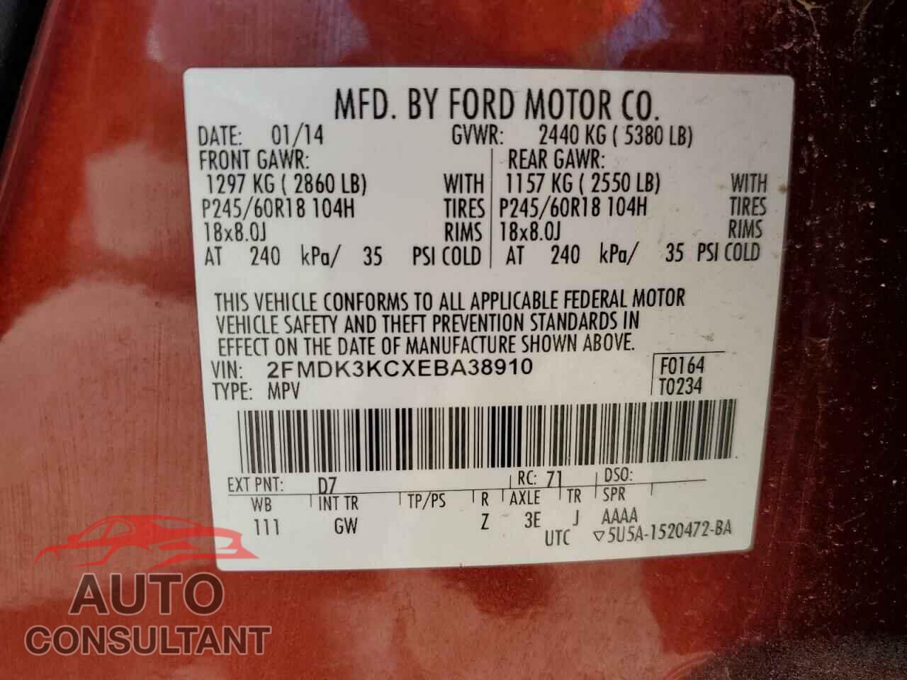 FORD EDGE 2014 - 2FMDK3KCXEBA38910